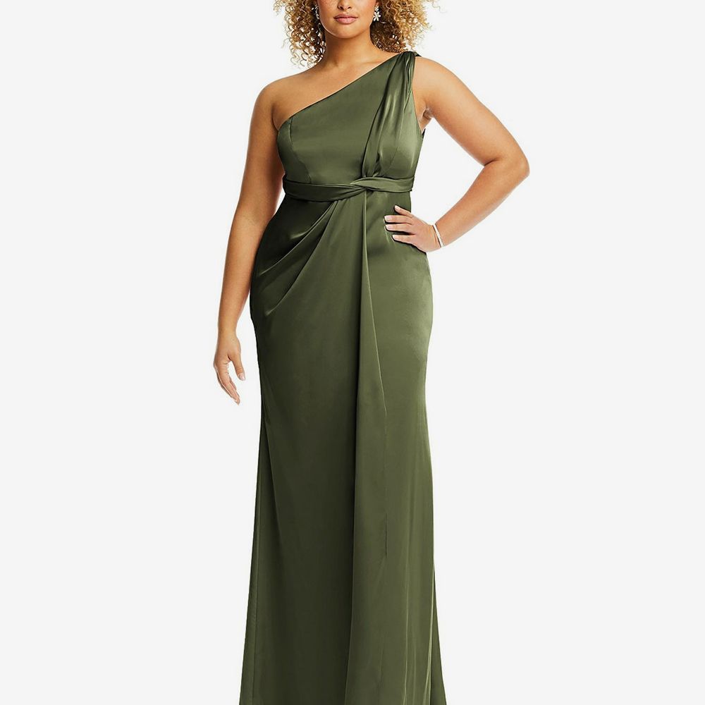 One-Shoulder Draped Twist Empire Waist Trumpet Gown