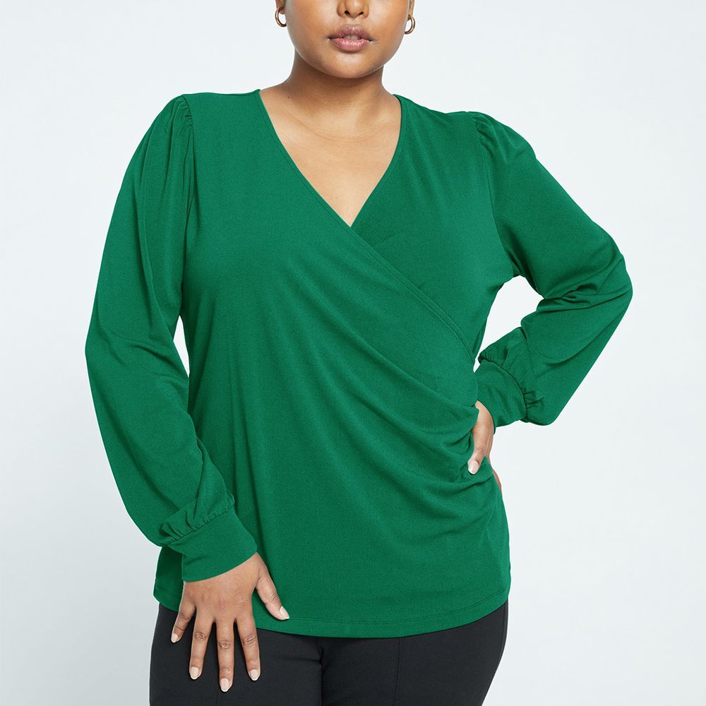 Crepe Jersey Gathered V-Neck Blouse