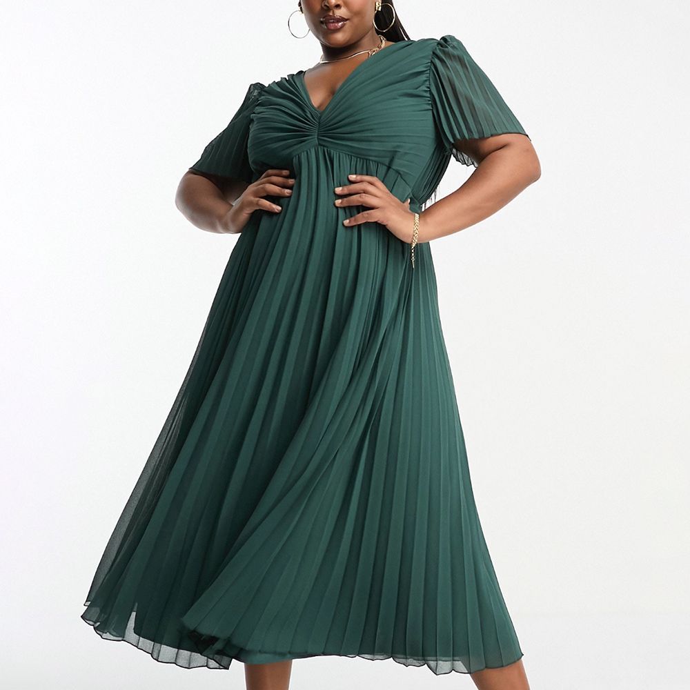 Pleated Bodice Flutter Sleeve Pleat Midi Dress