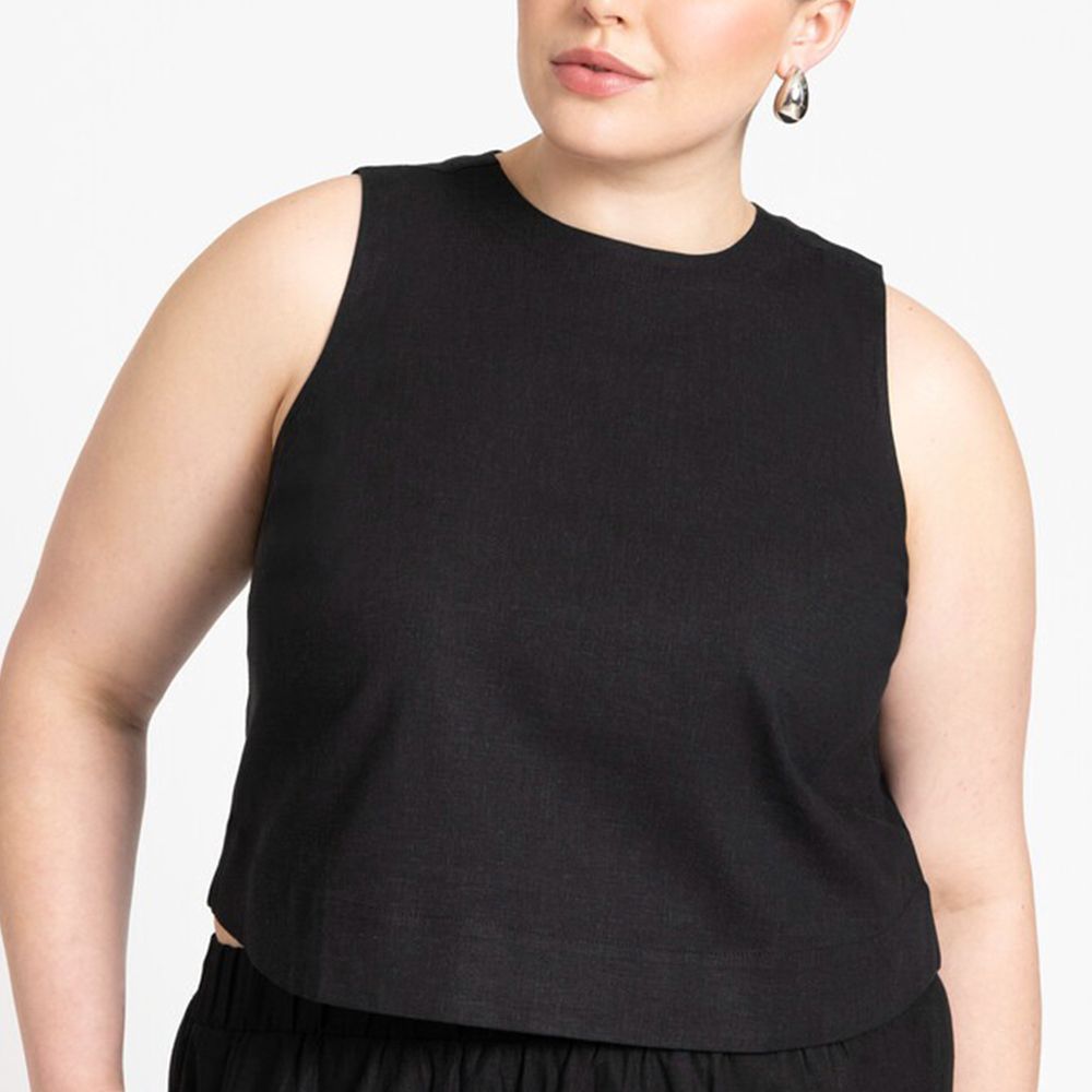 Linen-Blend Boxy Scoop Neck Crop Tank