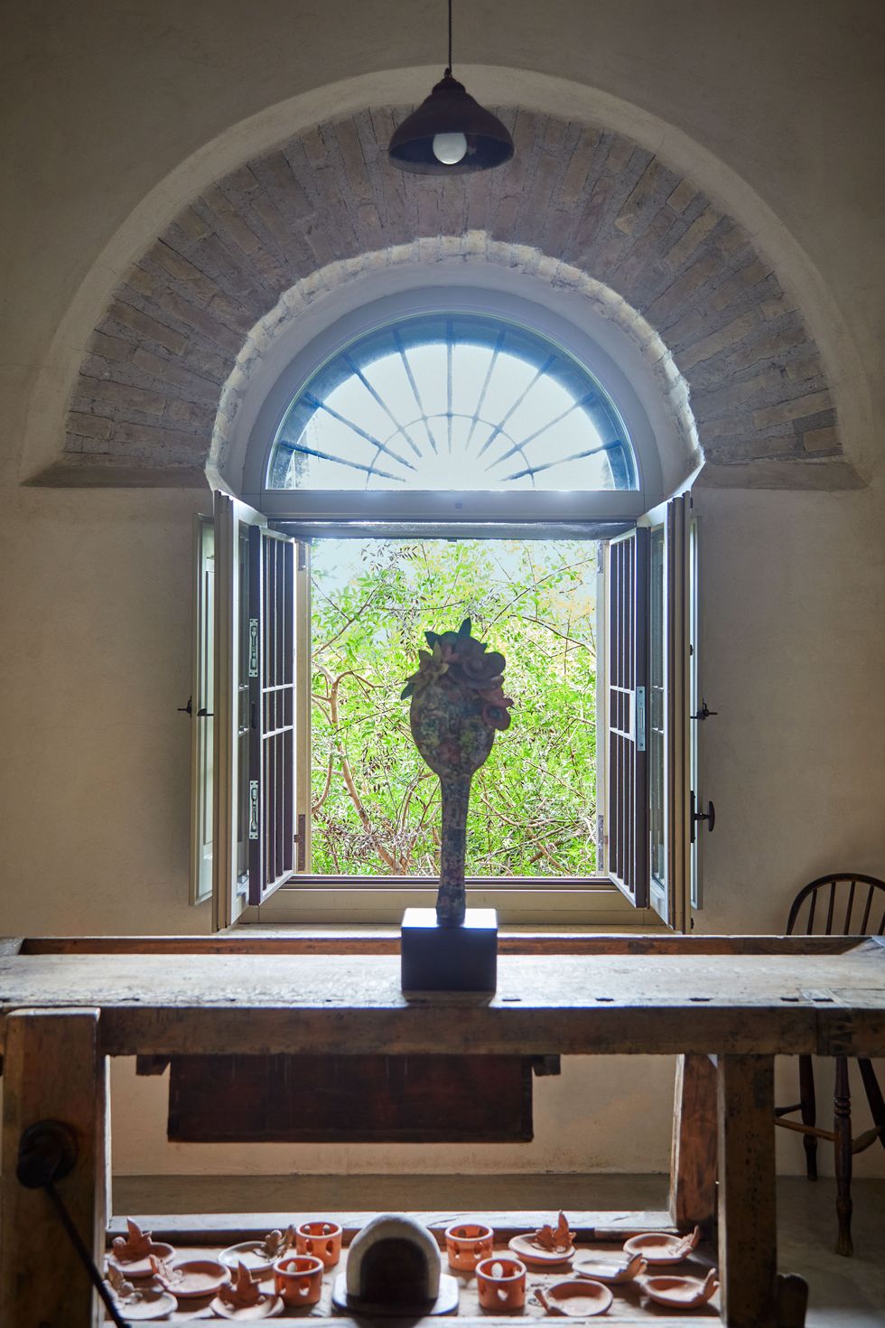 a window with a tree outside