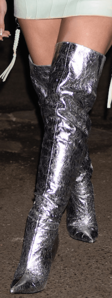 Julia Fox Wears Thigh-High Silver Shoes to Debut Music Video in New York City