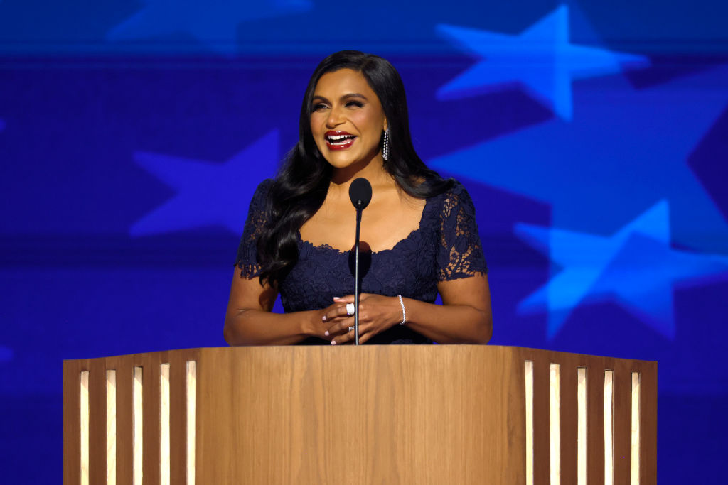 CHICAGO, ILLINOIS - AUGUST 21: Actress Mindy Kaling speaks on stage during the third day of the Democratic National Convention at the United Center on August 21, 2024 in Chicago, Illinois. Delegates, politicians, and Democratic Party supporters are in Chicago for the convention, concluding with current Vice President Kamala Harris accepting her party's presidential nomination. The DNC takes place from August 19-22. (Photo by Chip Somodevilla/Getty Images)