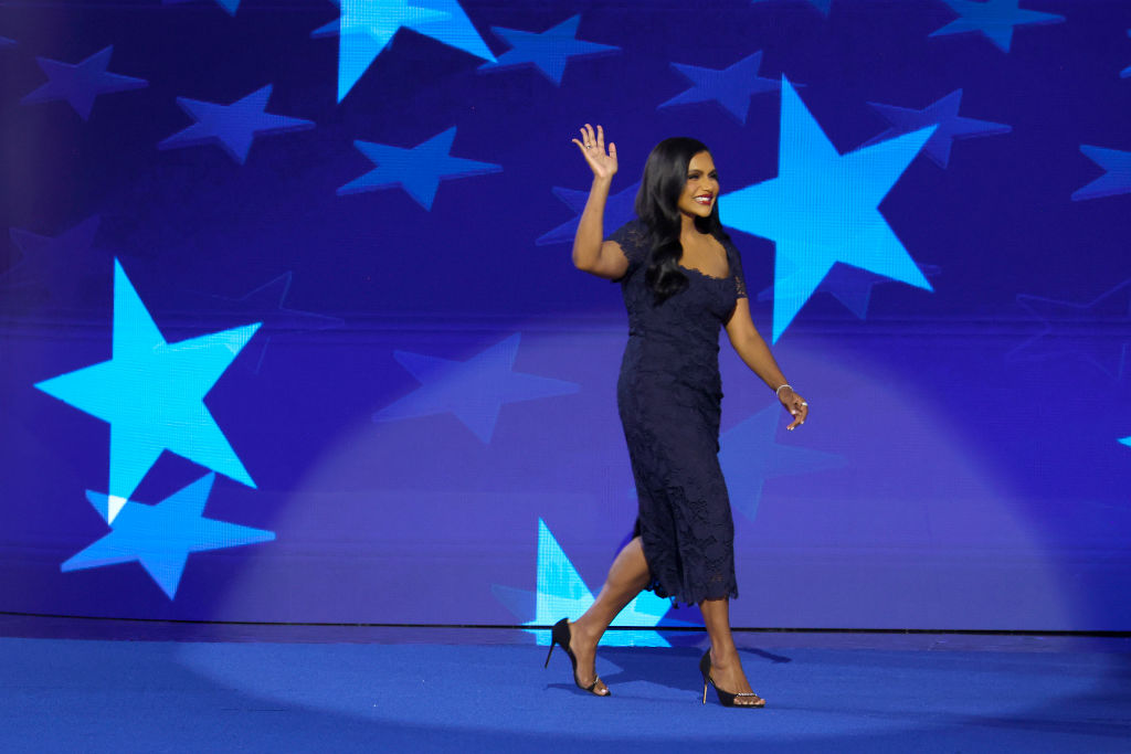 Mindy Kaling Supports Kamala Harris in Monique Luillier D’Orsay Heels at Democratic National Convention