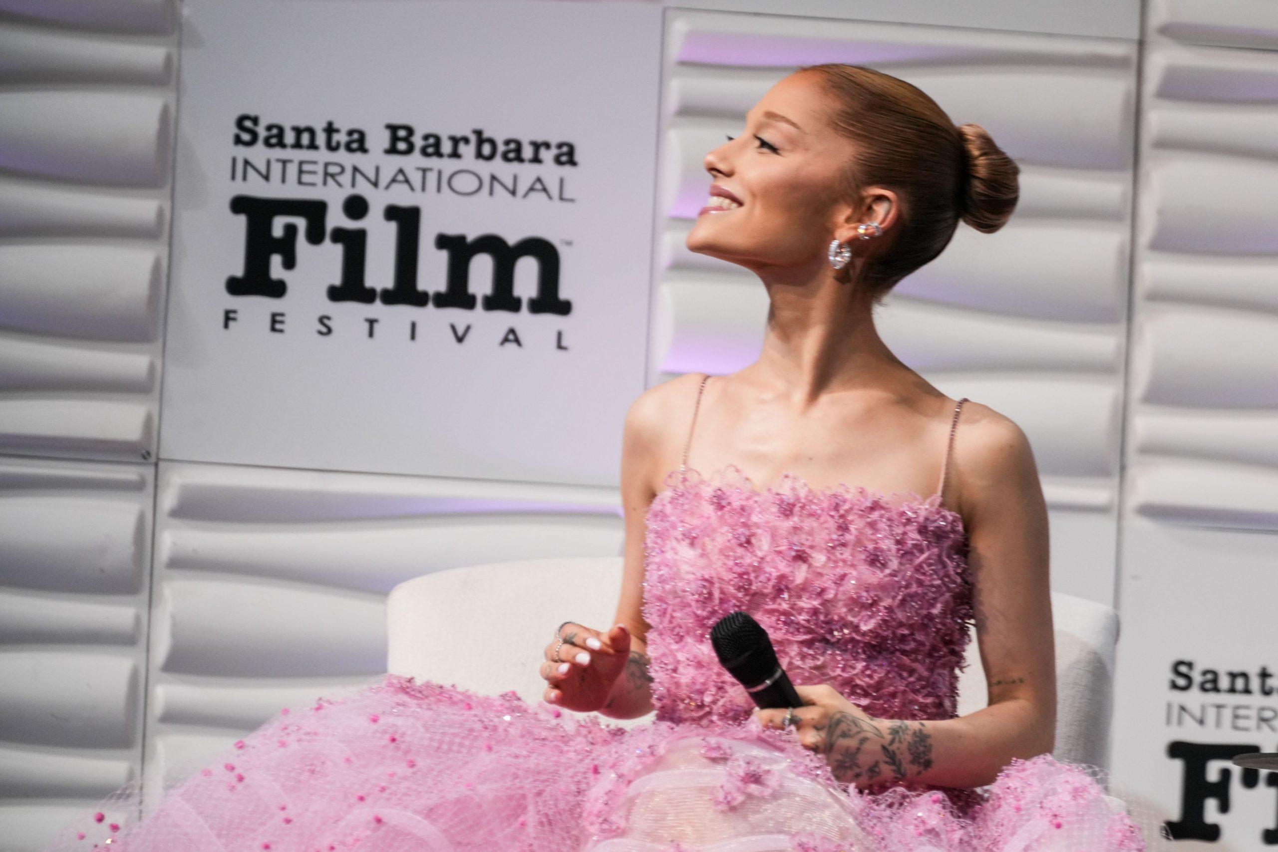 Ariana Grande Ushers in Spring in a Flower-Adorned Pink Ball Gown at the Santa Barbara Film Festival