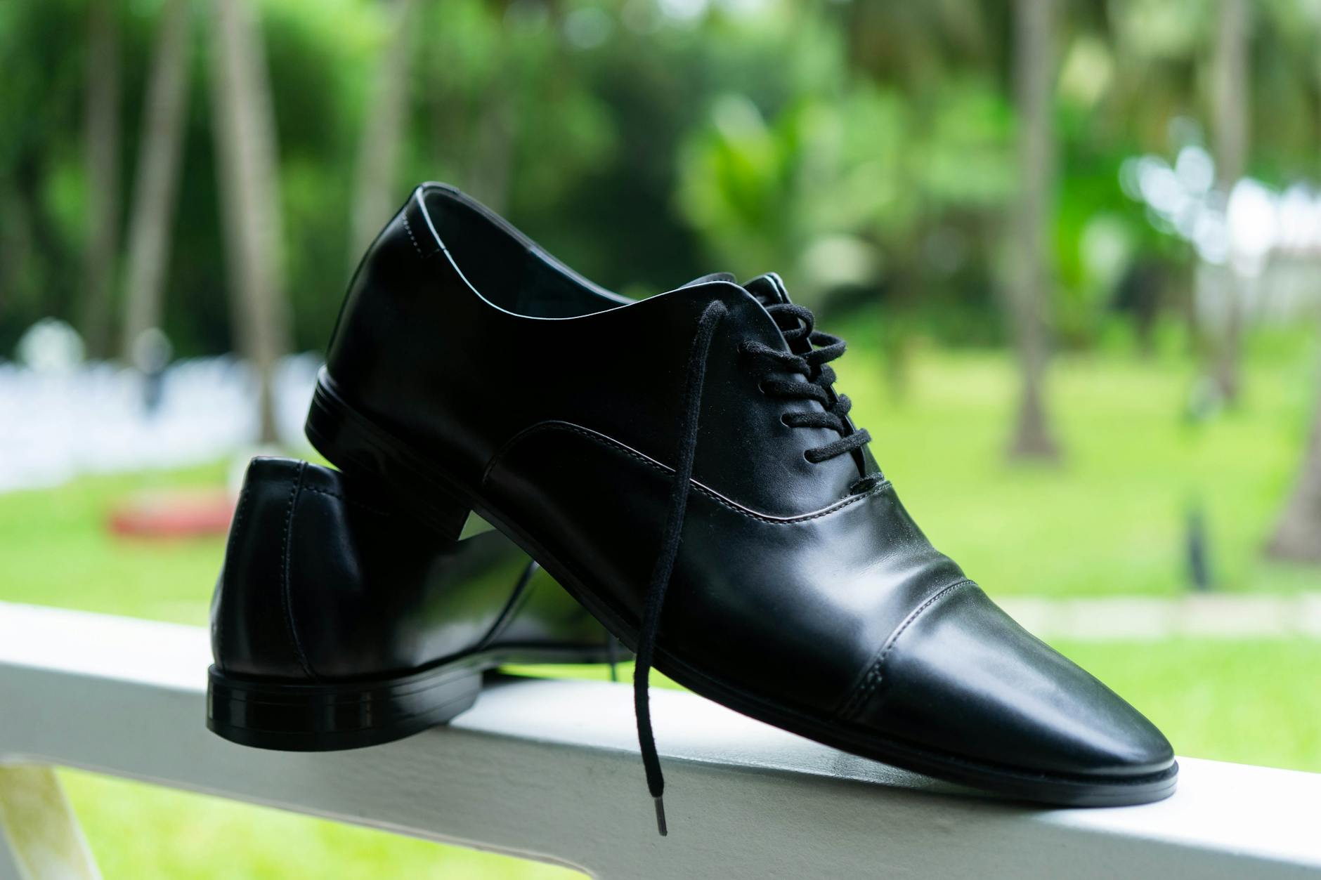 Professional dress shoes arranged in a modern office setting