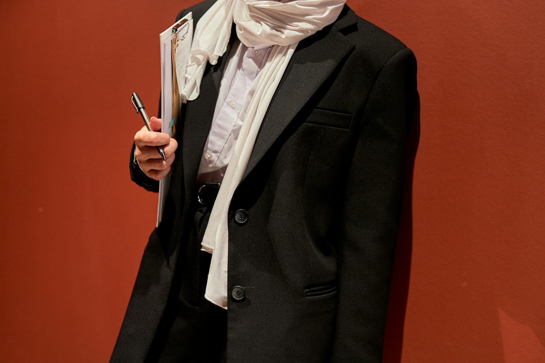 Professional navy blazer hanging in modern office setting showing structured silhouette and clean lines