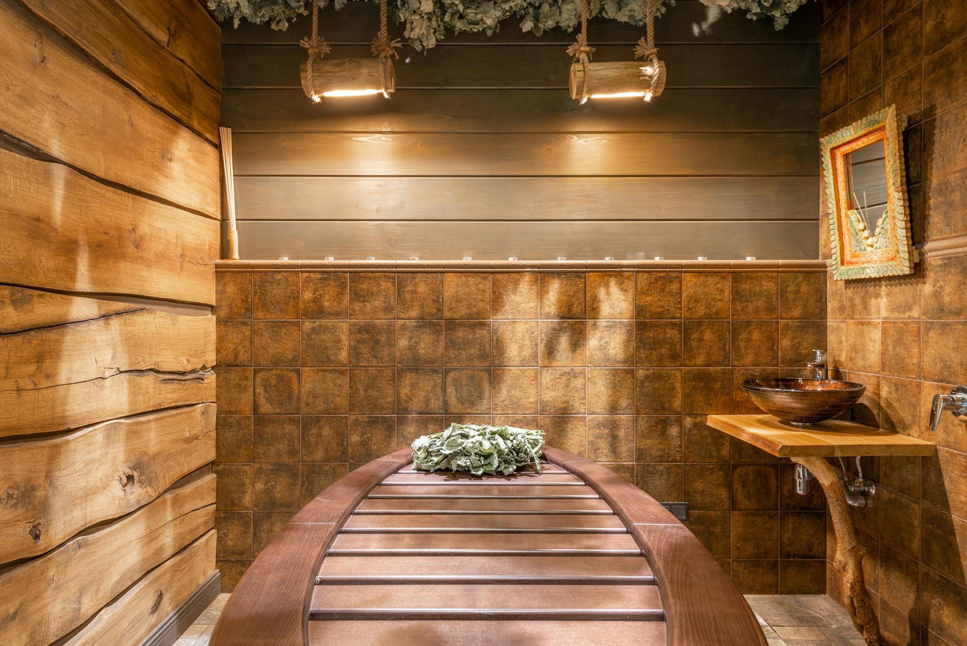 Modern spa interior with salt-lined walls and ambient lighting for halotherapy treatment