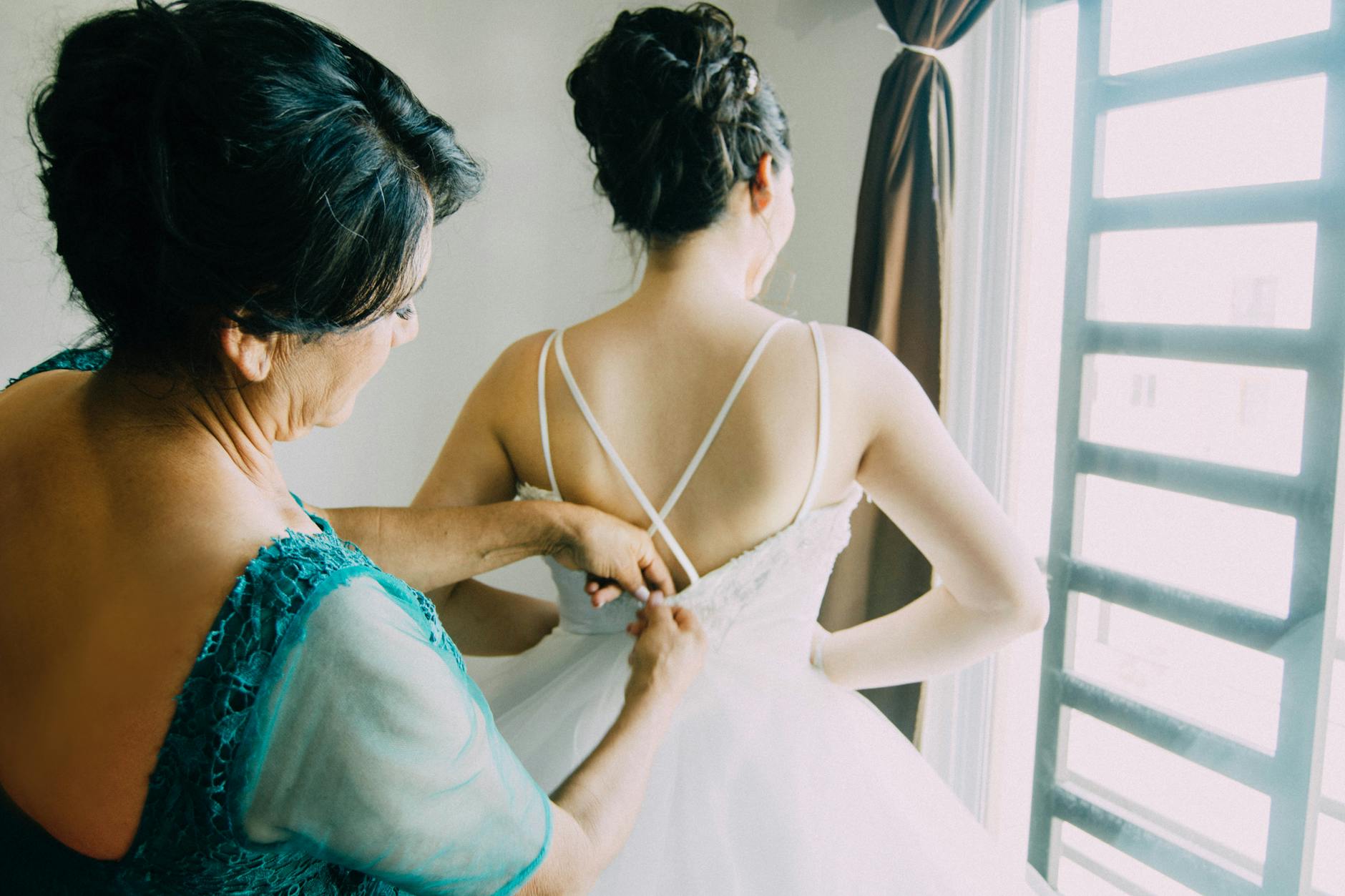 Bridal preparation scene with modern wedding accessories and styling elements