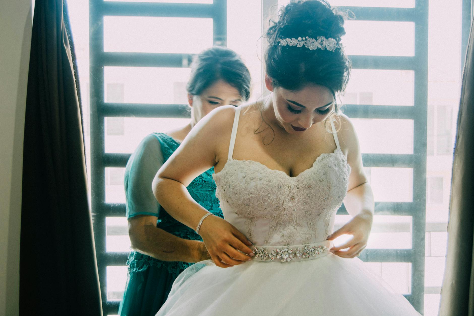 Elegant wedding day preparation scene with makeup and beauty accessories