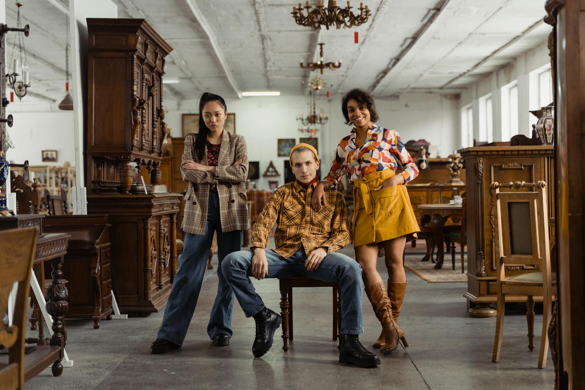 Interior of upscale vintage fashion boutique with carefully curated luxury clothing and accessories displays