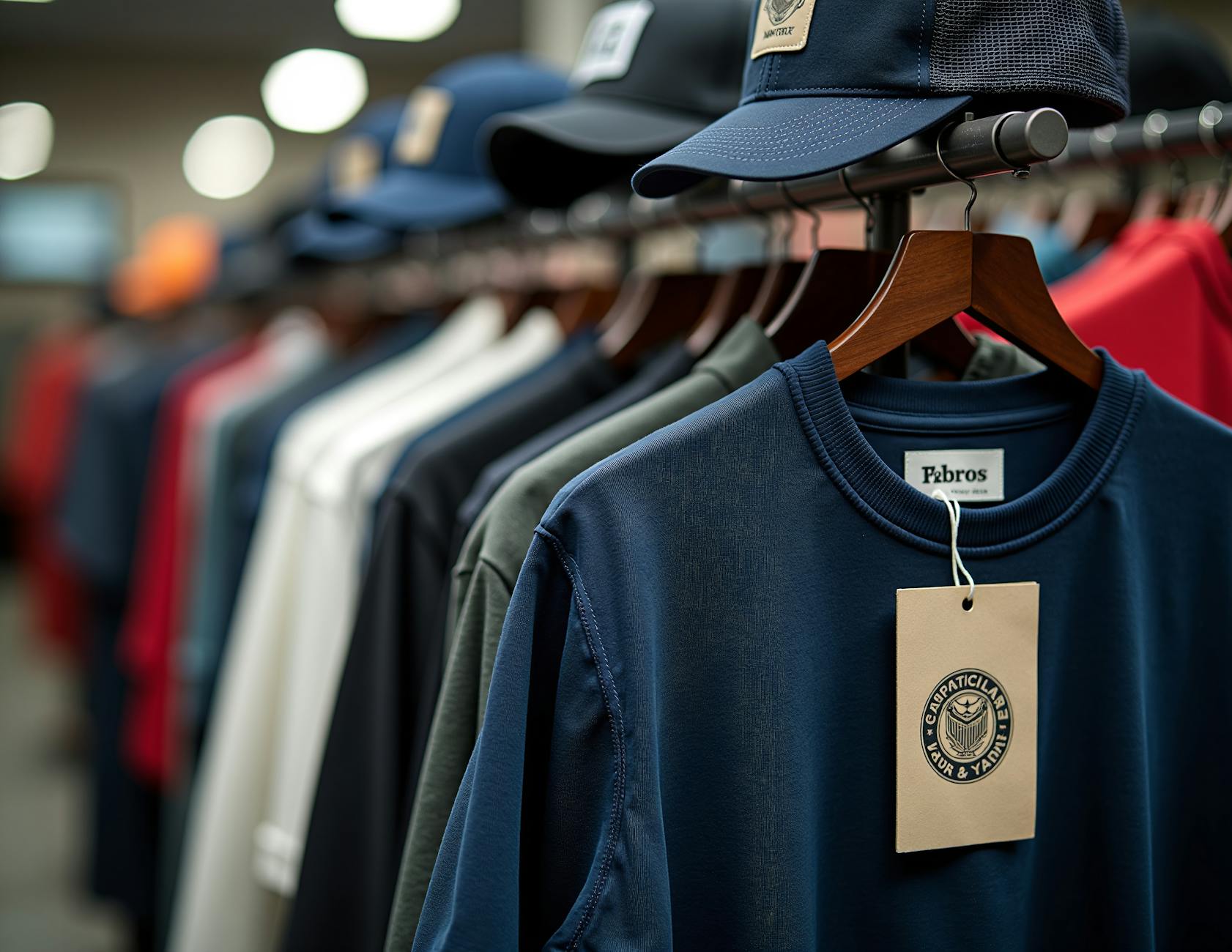 Vintage athletic jerseys and sportswear hanging on a thrift store rack