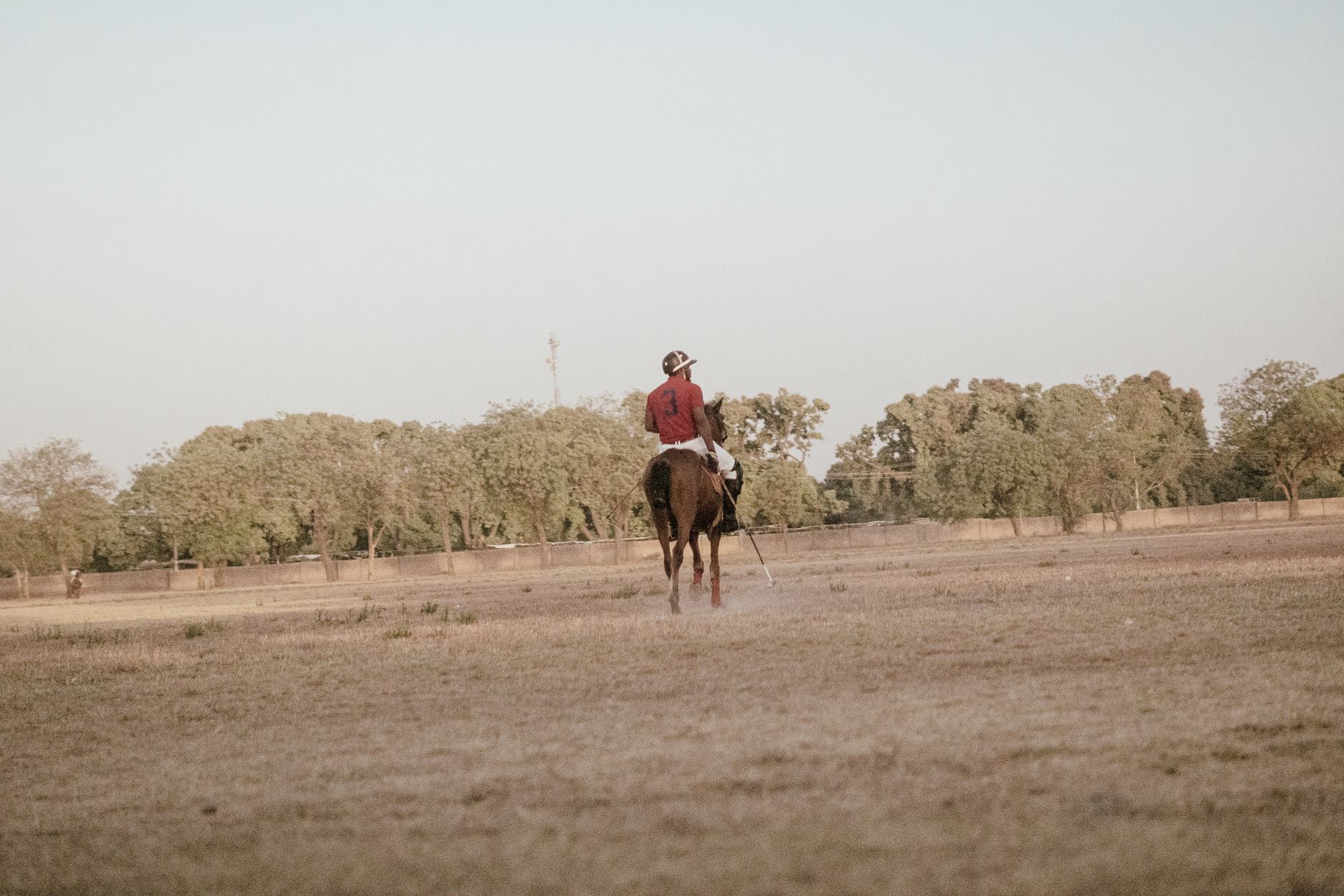 Polo players on a grass field during a match, showing traditional sporting attire