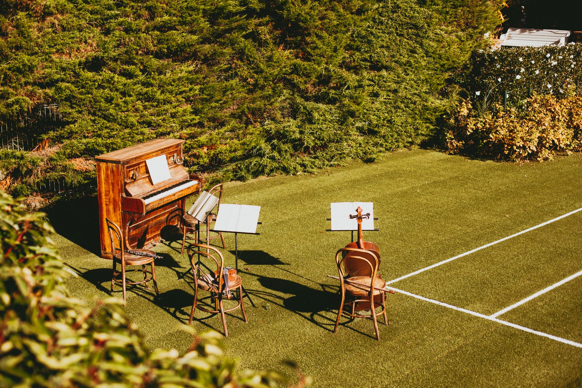 Manicured garden lawn with croquet hoops set into green grass