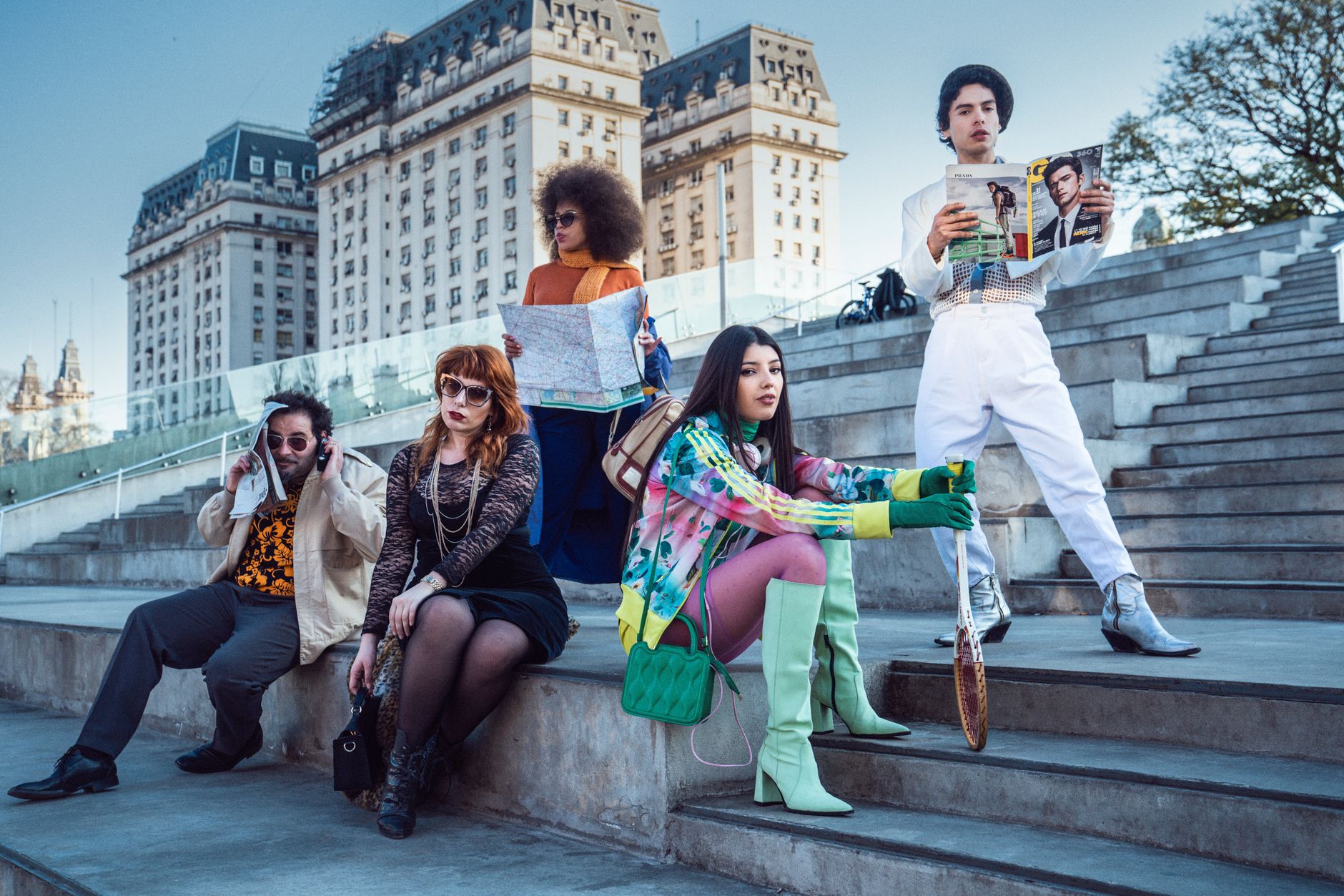 Editorial fashion styling with graphic athletic-inspired layered look