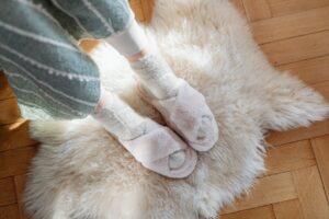 Close-up of fine wool over-the-calf socks worn with tailored trousers