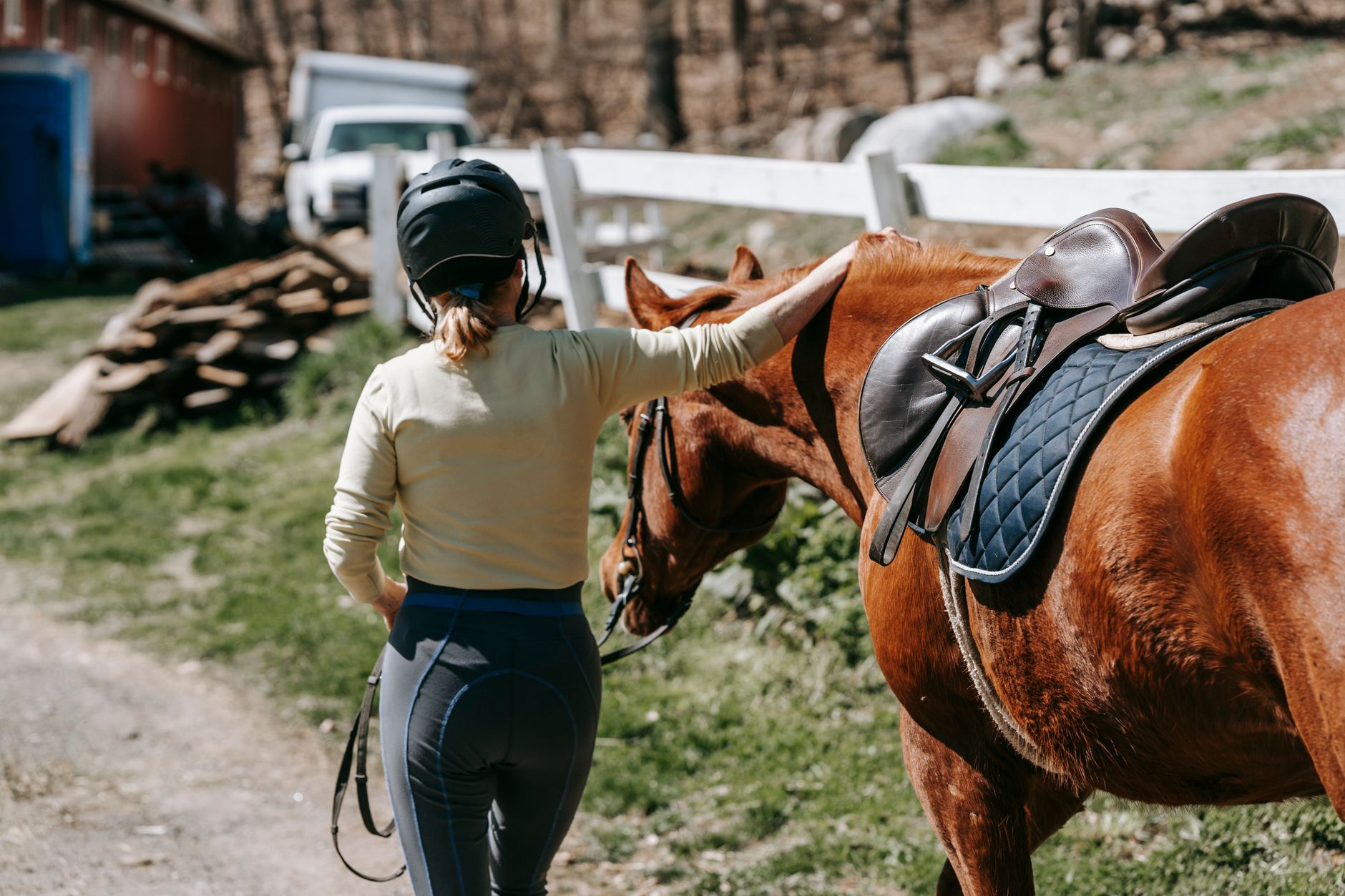Equestrian breeches showing reinforced saddle panel construction at the inner leg