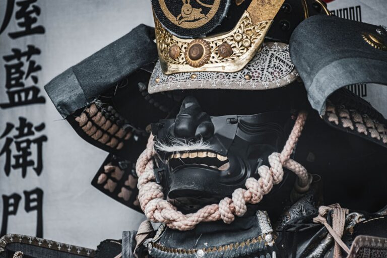 Close-up of traditional kendo do armor with flat woven waist cords tied at the side