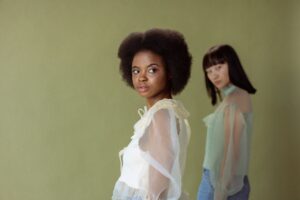 Close-up of a structured collar on a sheer blouse showing clean upright shape
