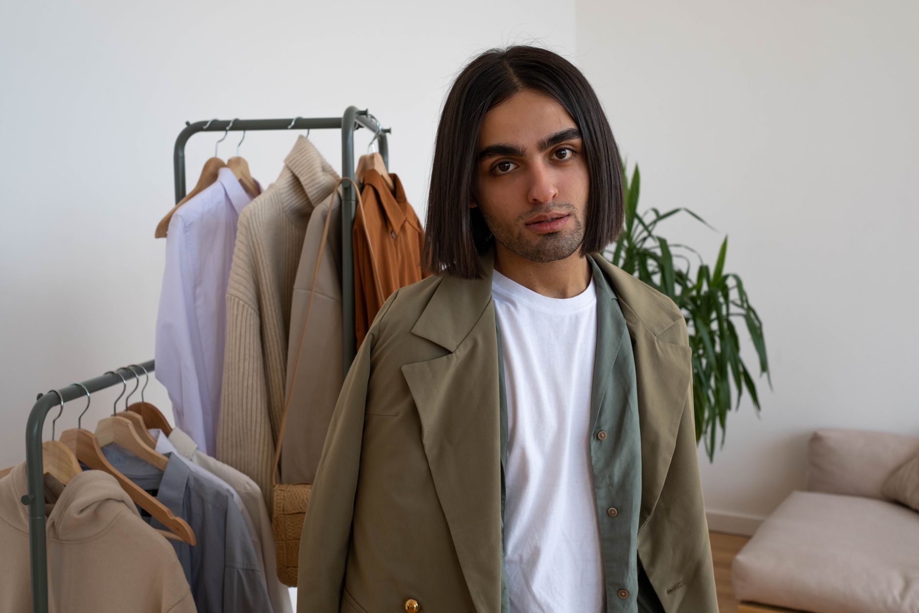Clean minimal shirt styled with a precise collar band, neutral background